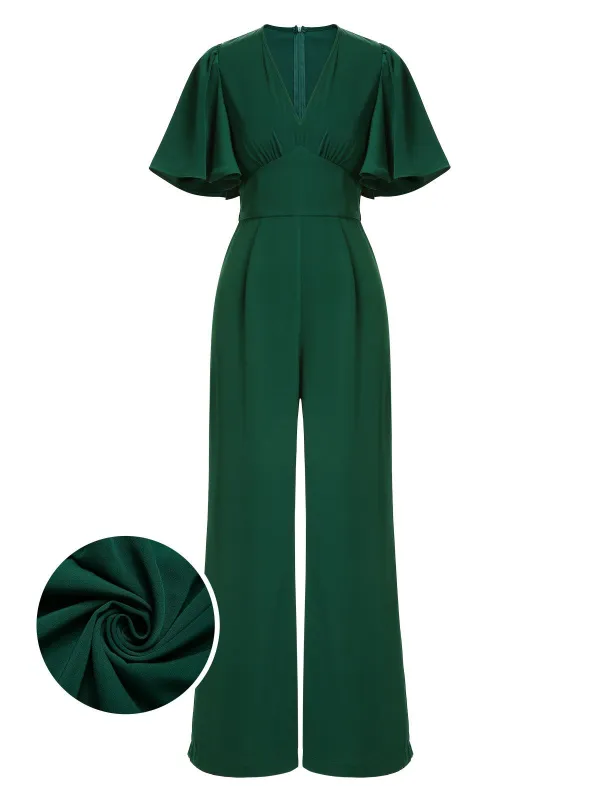 Green 1930s Solid V-Neck Jumpsuit sold by Retro Stage