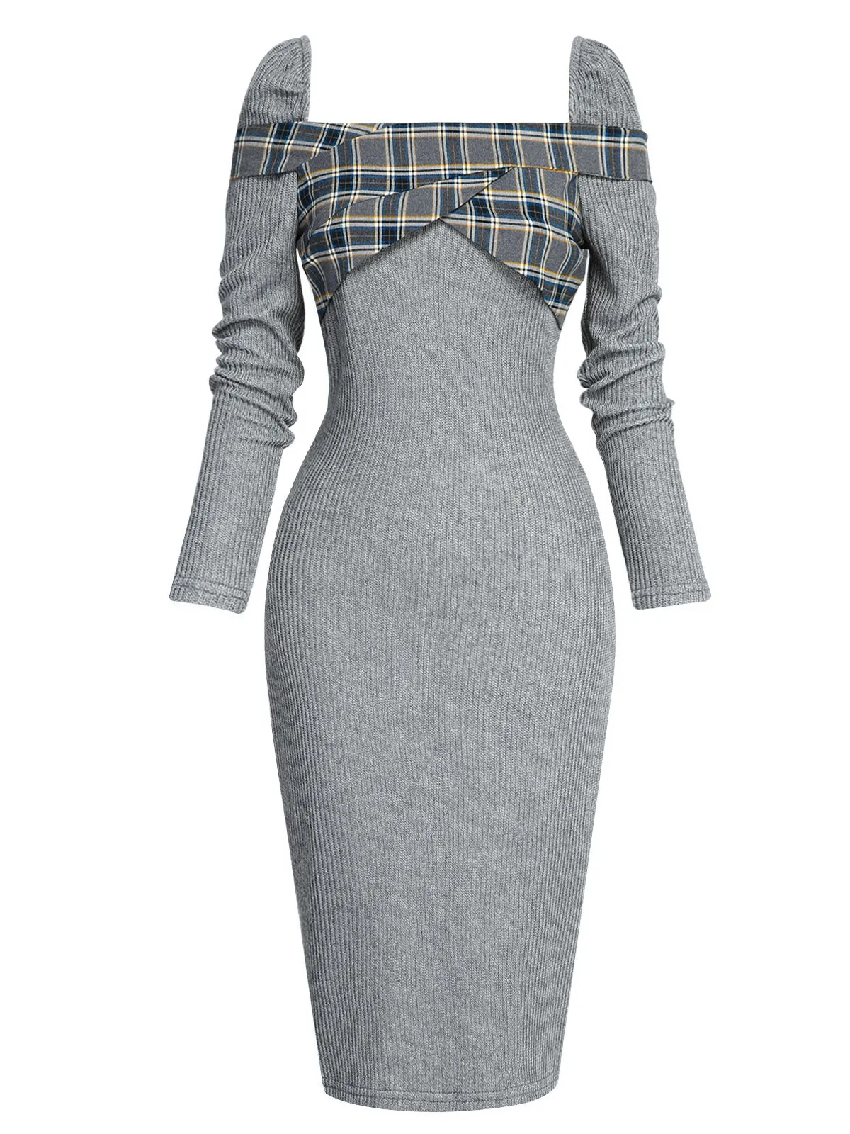 Gray 1960s Plaid Patchwork Pencil Dress sold by Retro Stage product image thumbnail 2