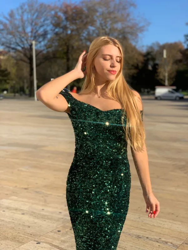 Green 1960s Sequins Off-Shoulder Pencil Dress sold by Retro Stage