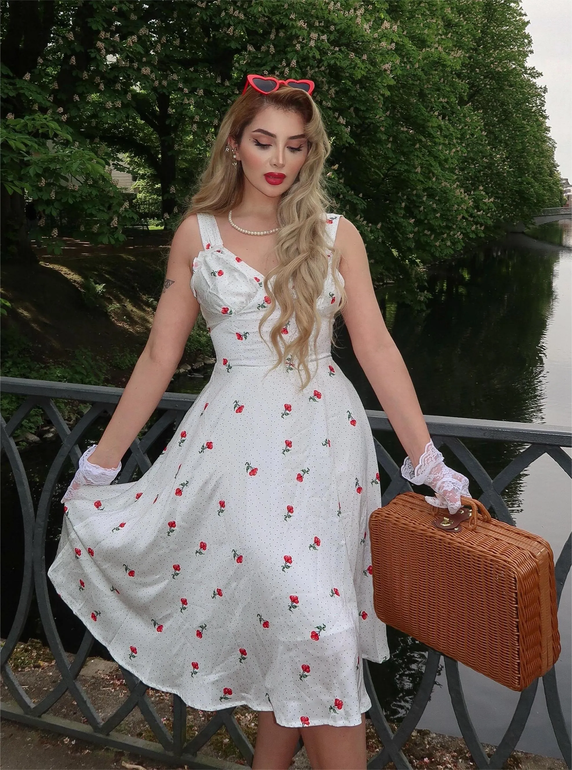 White Satin-faux Cherry Polka Dot Dress sold by Retro Stage