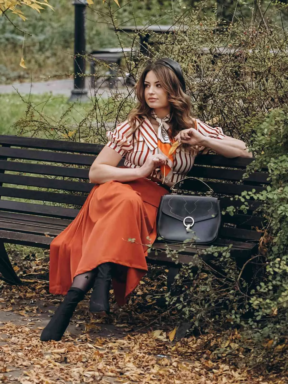 2PCS Orange Red 1950s Striped Blouse & Pleated Skirt sold by Retro Stage