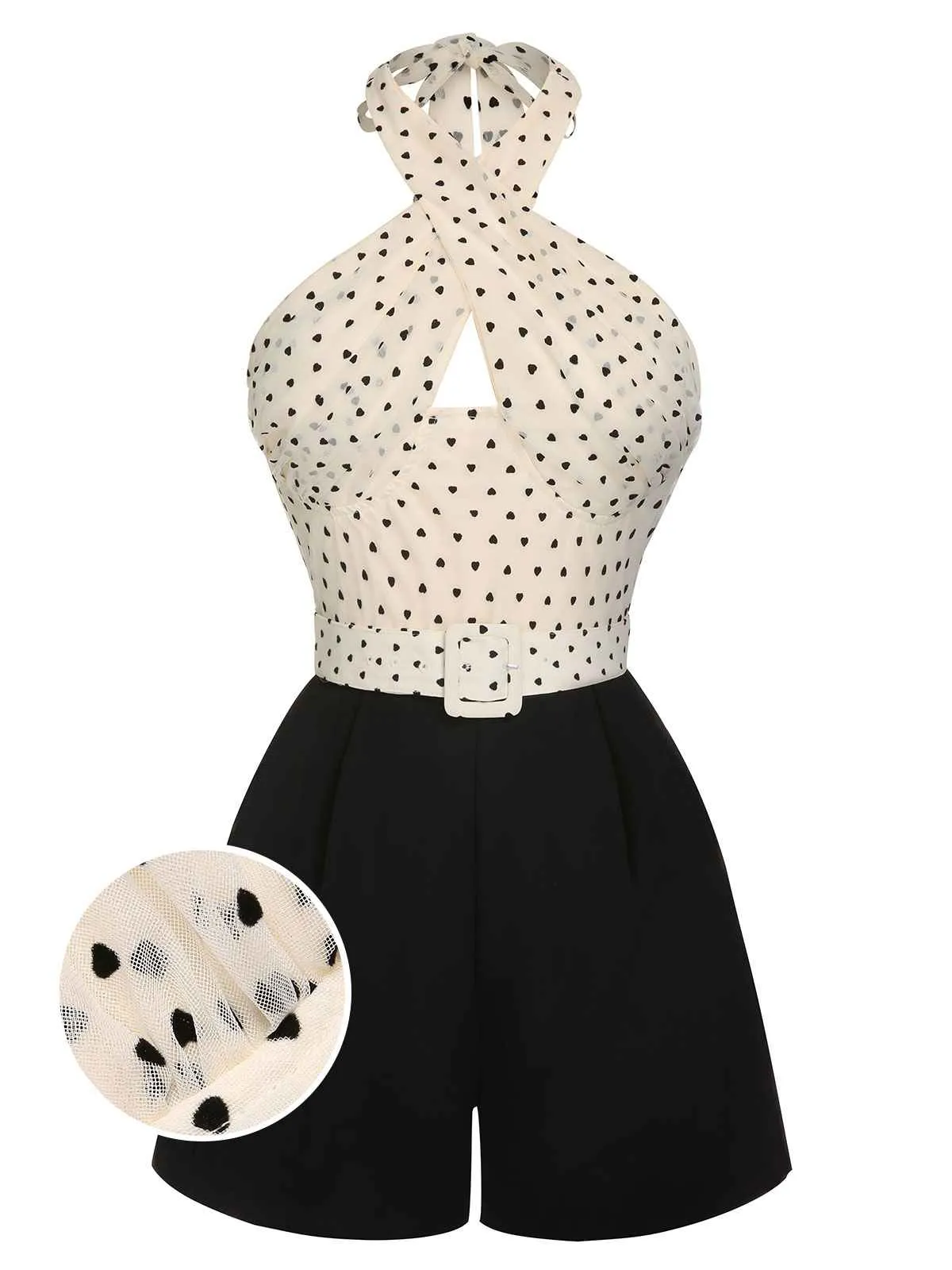 Beige 1950s 3D Heart Halter Patchwork Romper sold by Retro Stage product image thumbnail 3