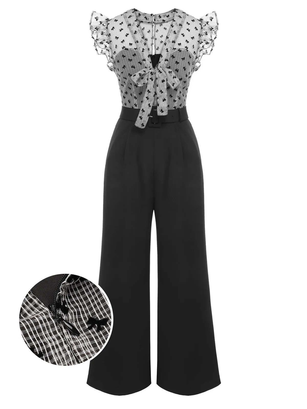 Black 1930s Mesh Bow-knot Patchwork Jumpsuit sold by Retro Stage product image thumbnail 2