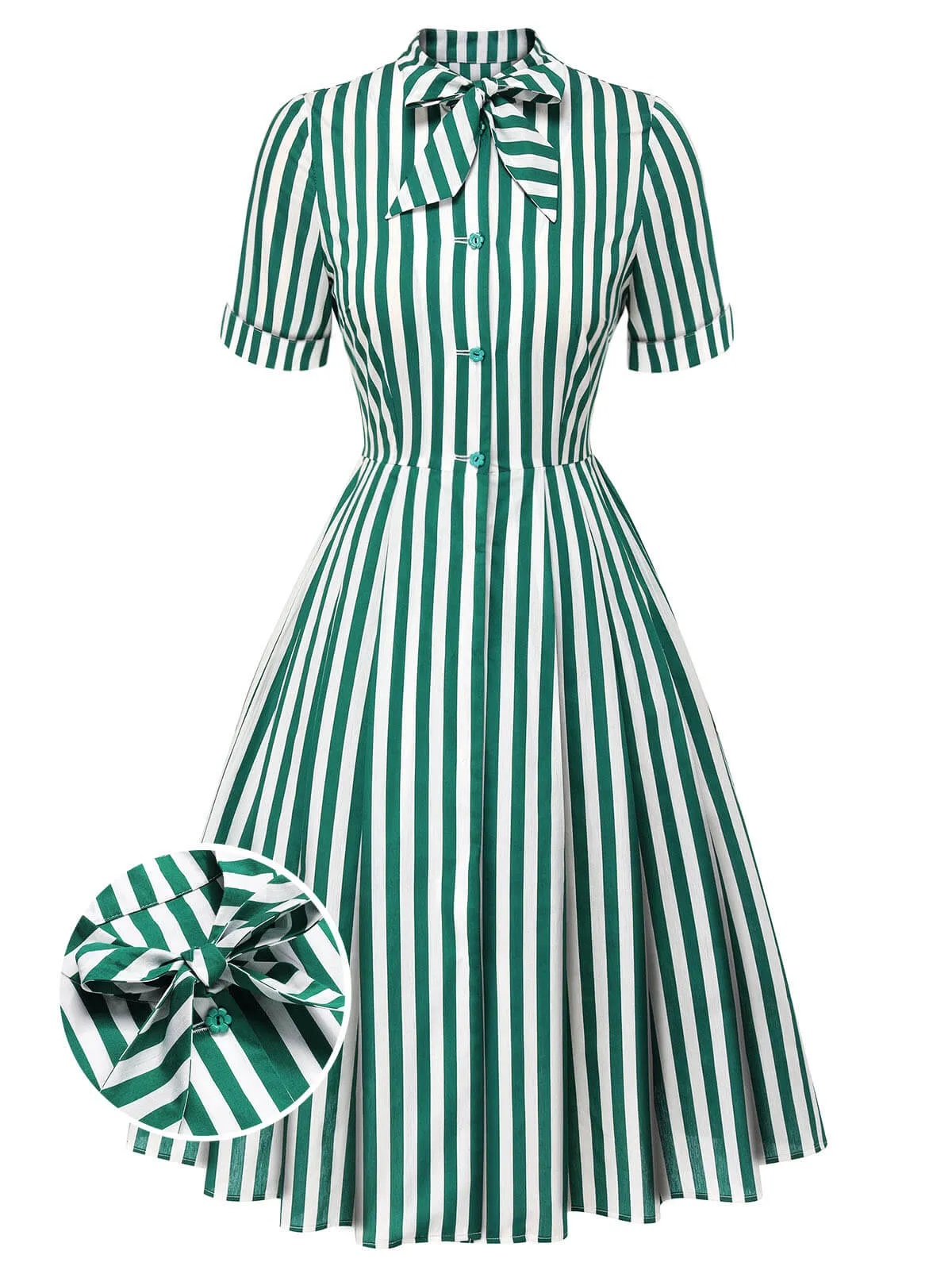 Dark Green 1950s Tie Neck Striped Dress sold by Retro Stage