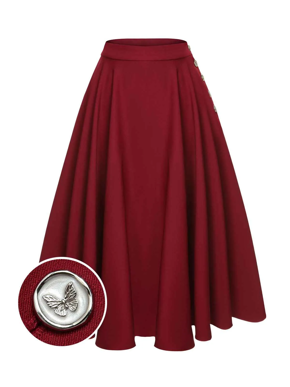 Red 1940s Buttoned Solid Skirt sold by Retro Stage