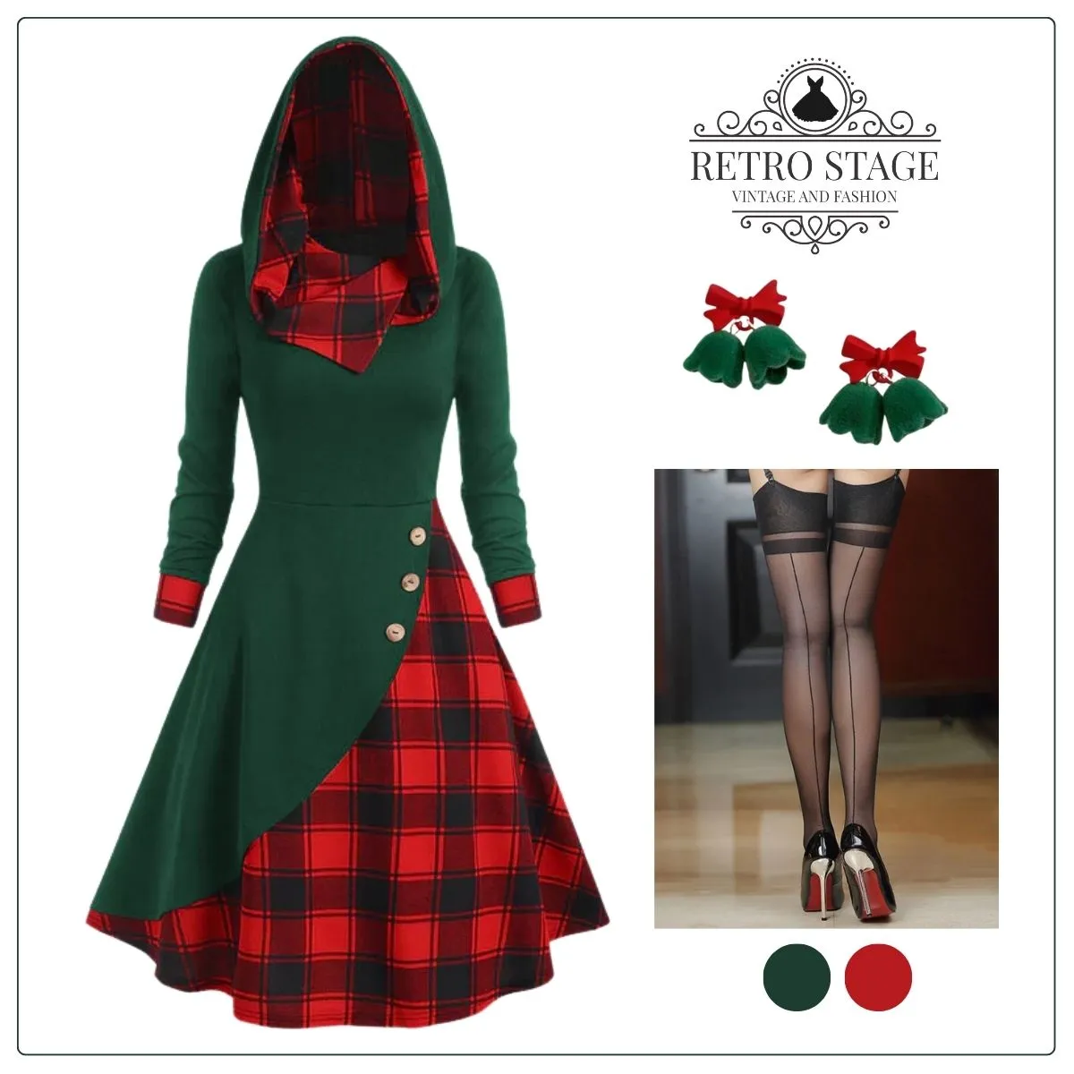 Green&Red 1950s Christmas Plaids Hooded Dress sold by Retro Stage