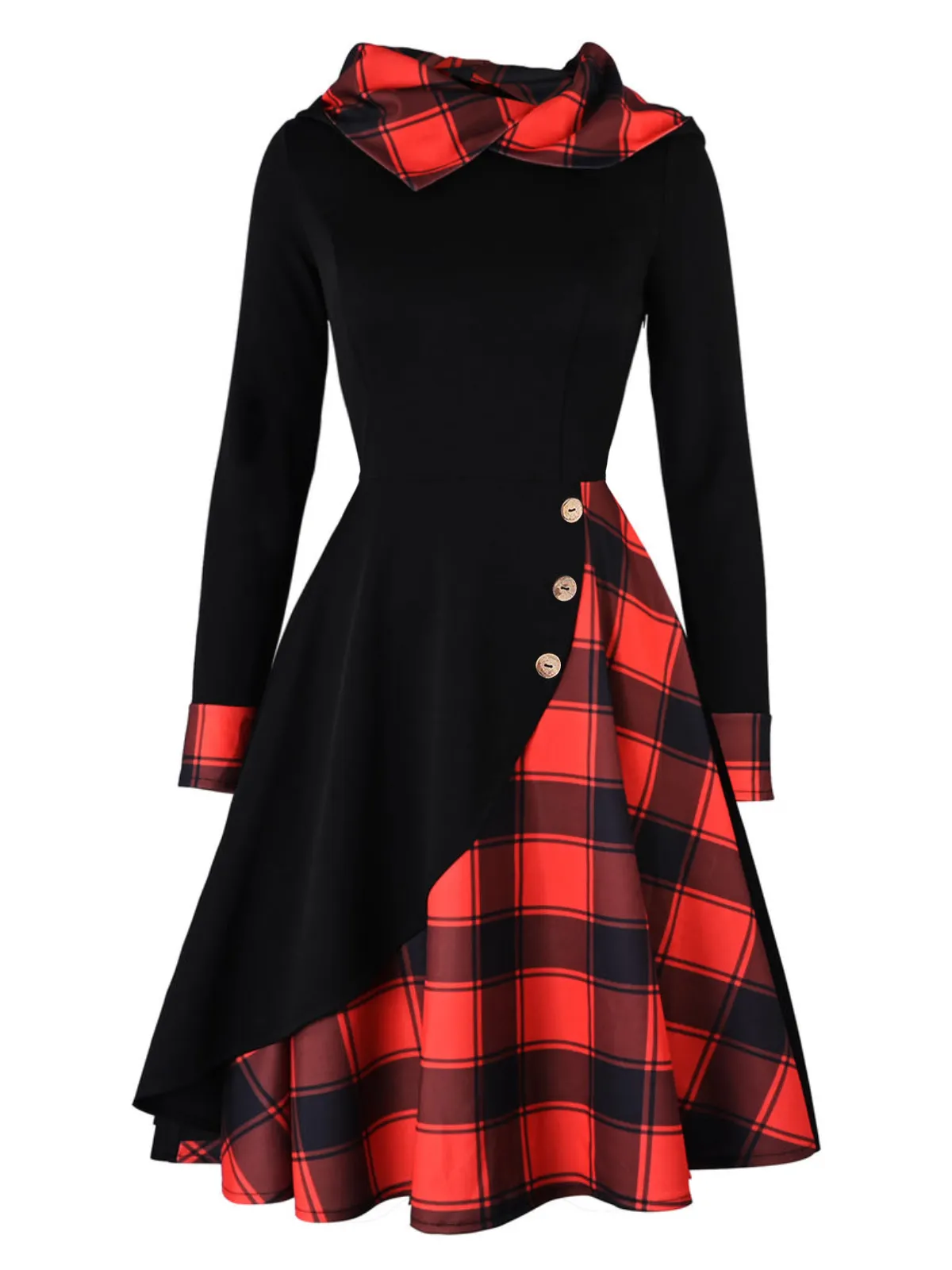 Green&Red 1950s Christmas Plaids Hooded Dress sold by Retro Stage product image thumbnail 5