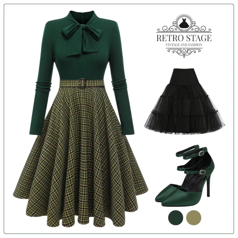 Dark Green 1950s Plaid Knitting Dress sold by Retro Stage