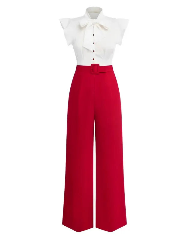 2PCS White & Red 1930s Bow Collar Blouse & Pants sold by Retro Stage