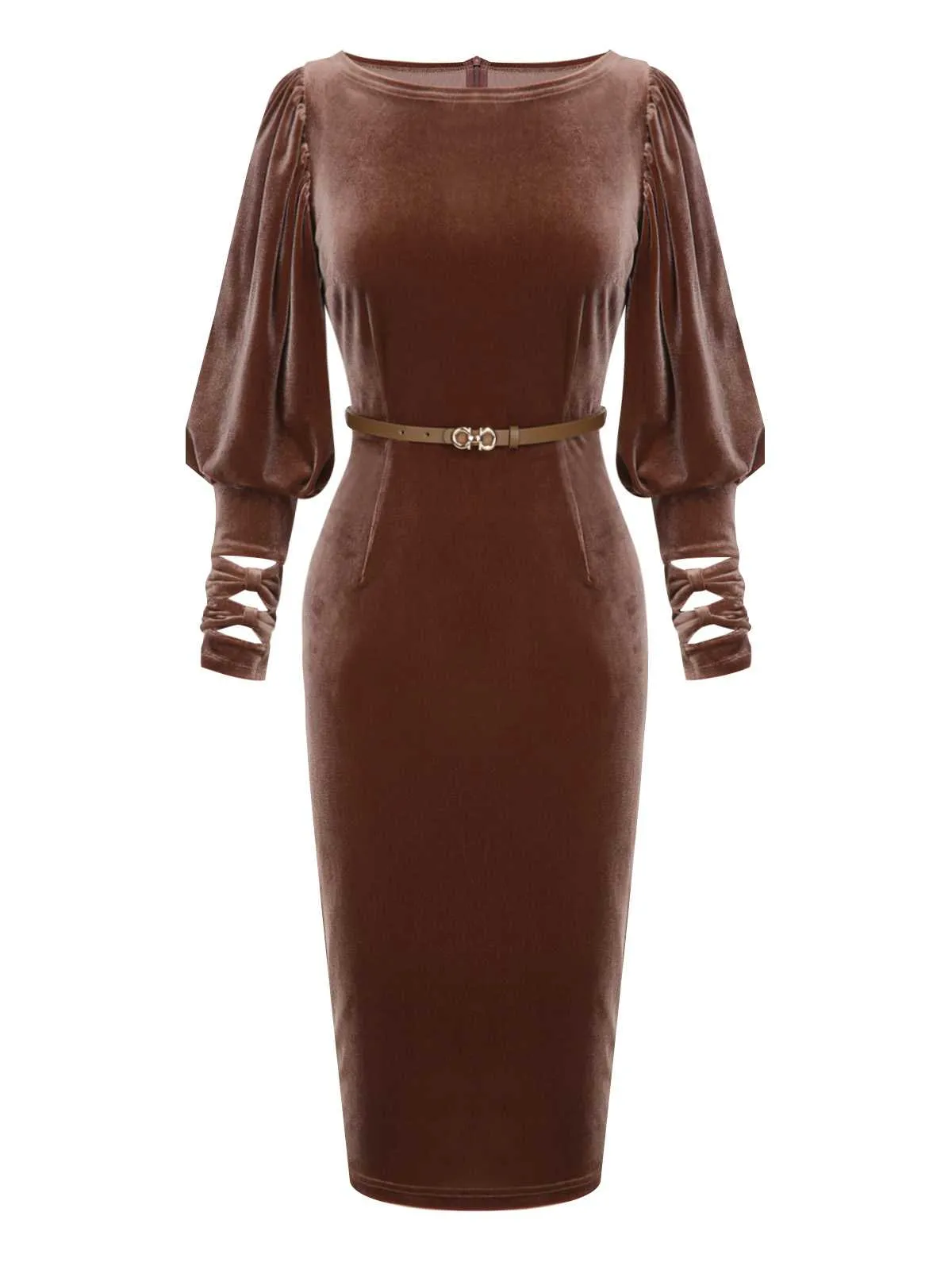 Dark Brown 1960s Puff Sleeve Velvet Belted Dress sold by Retro Stage product image thumbnail 2