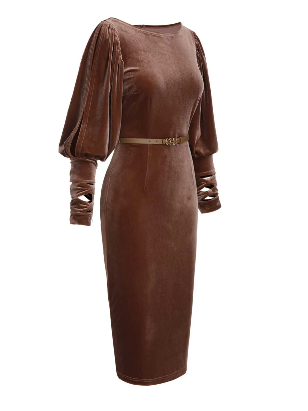 Dark Brown 1960s Puff Sleeve Velvet Belted Dress sold by Retro Stage product image thumbnail 3