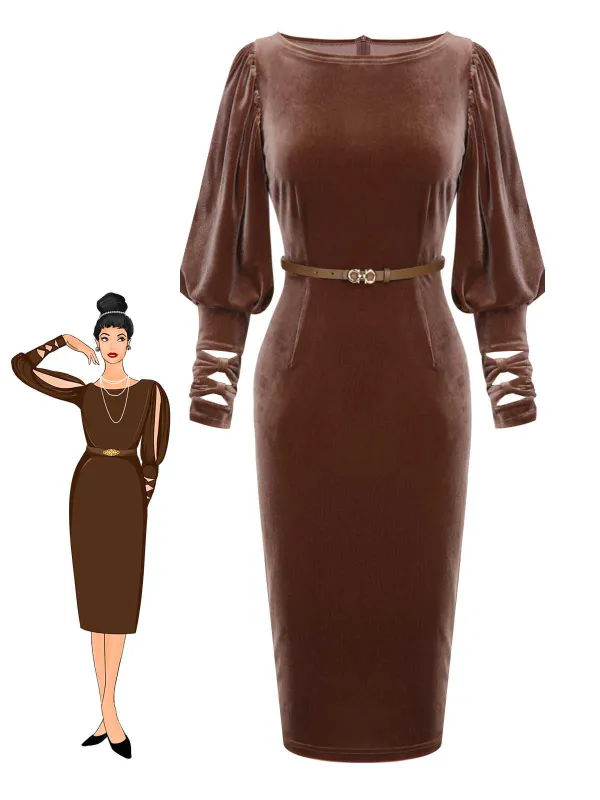 Dark Brown 1960s Puff Sleeve Velvet Belted Dress sold by Retro Stage