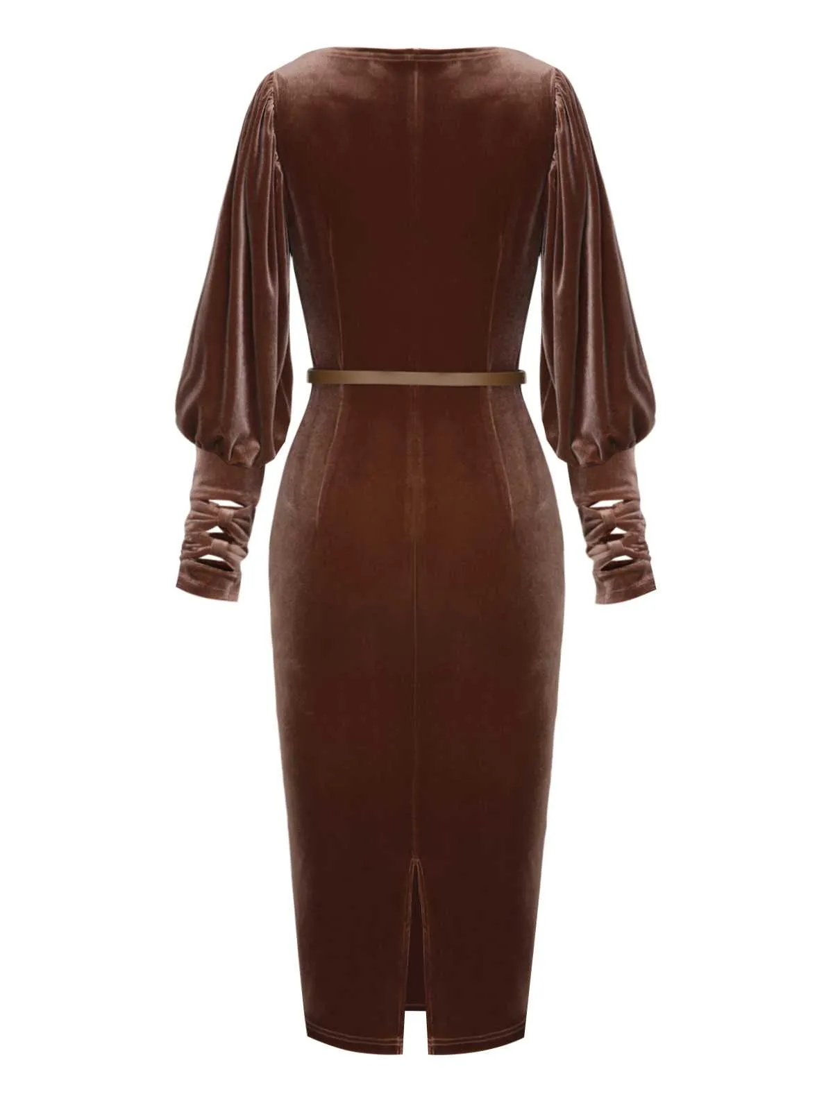 Dark Brown 1960s Puff Sleeve Velvet Belted Dress sold by Retro Stage product image thumbnail 4