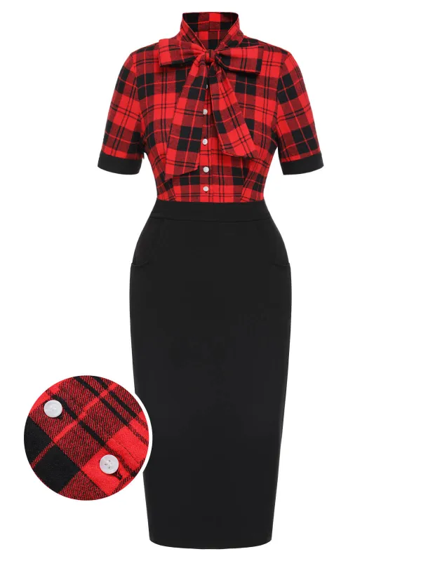 Red & Black 1960s Plaid Bow Collar Pencil Dress sold by Retro Stage