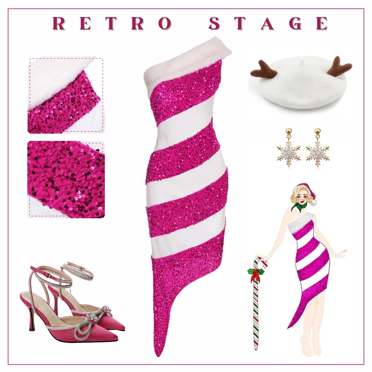 Pink 1960s Christmas Candy Cane Off-Shoulder Dress sold by Retro Stage