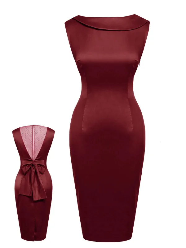 Wine Red 1960s Back Bowknot Pencil Dress sold by Retro Stage
