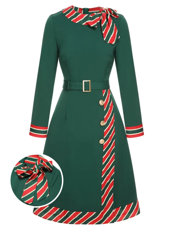 Green 1940s Stripe Patchwork Dress With Belt sold by Retro Stage