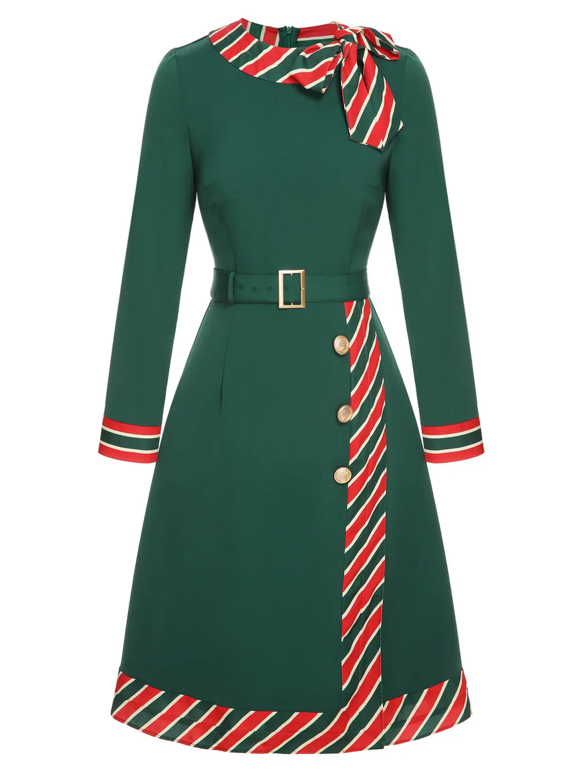 Green 1940s Stripe Patchwork Dress With Belt sold by Retro Stage product image thumbnail 2