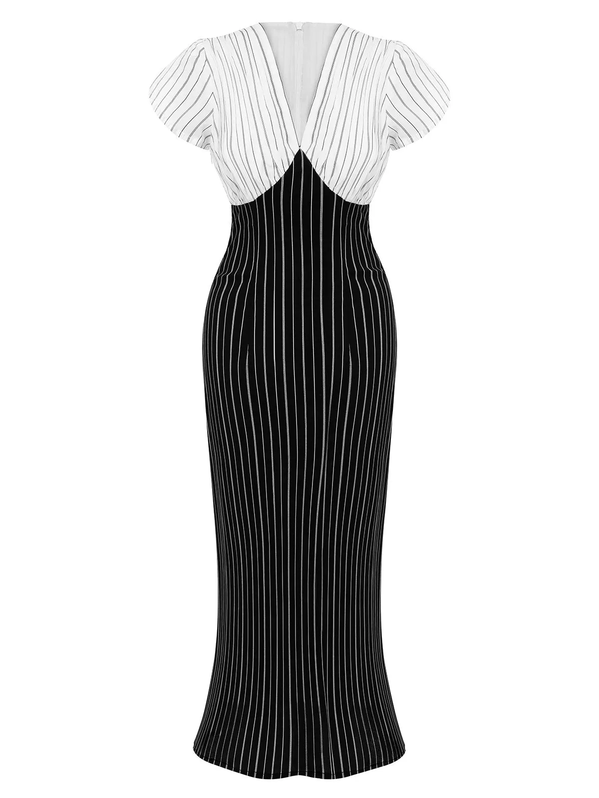Black&White 1930s Striped Deep V-Neck Patchwork Dress sold by Retro Stage product image thumbnail 2