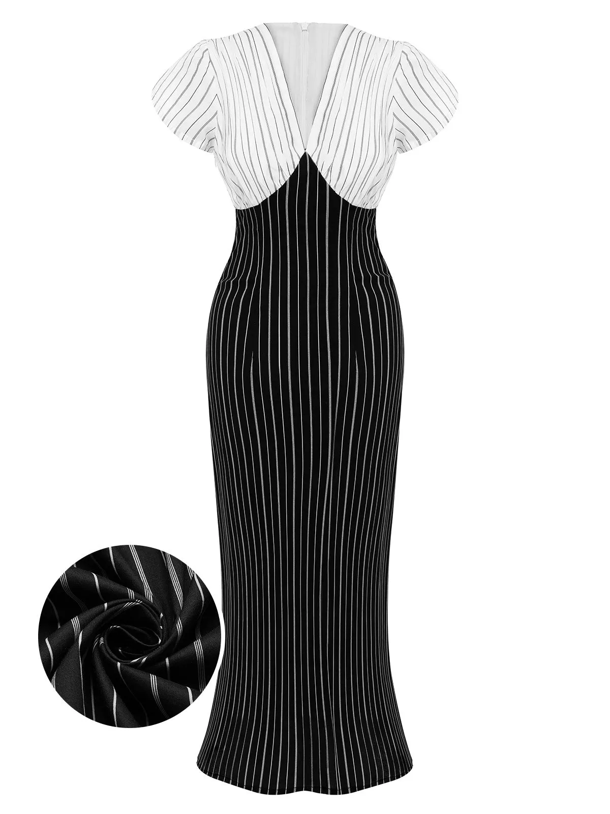 Black&White 1930s Striped Deep V-Neck Patchwork Dress sold by Retro Stage