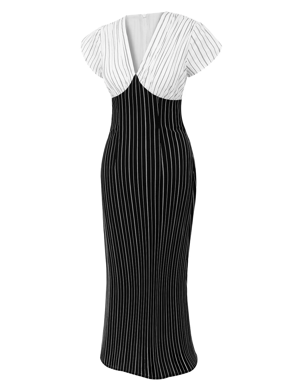 Black&White 1930s Striped Deep V-Neck Patchwork Dress sold by Retro Stage product image thumbnail 3