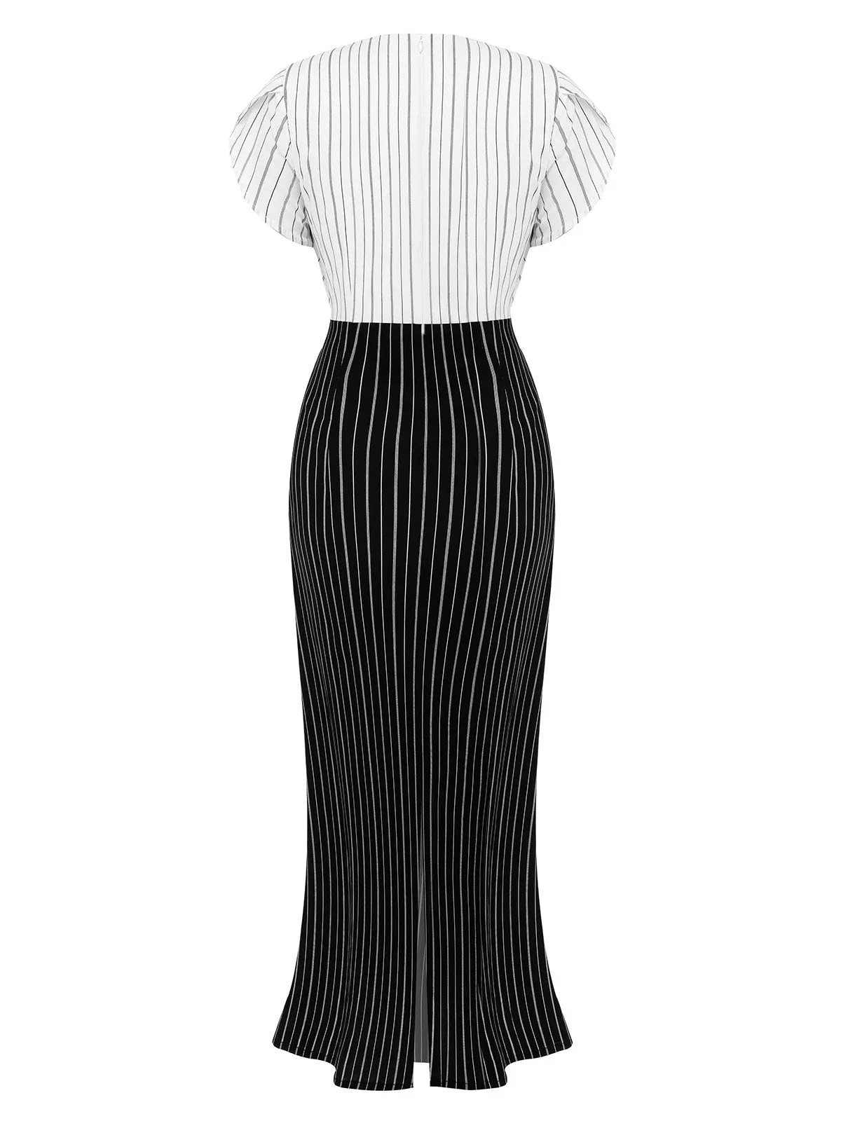 Black&White 1930s Striped Deep V-Neck Patchwork Dress sold by Retro Stage product image thumbnail 4