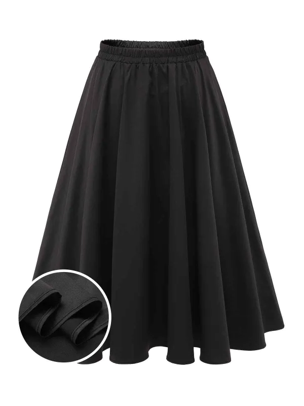 Black 1950s Solid Elastic Waist Pleated Skirt sold by Retro Stage