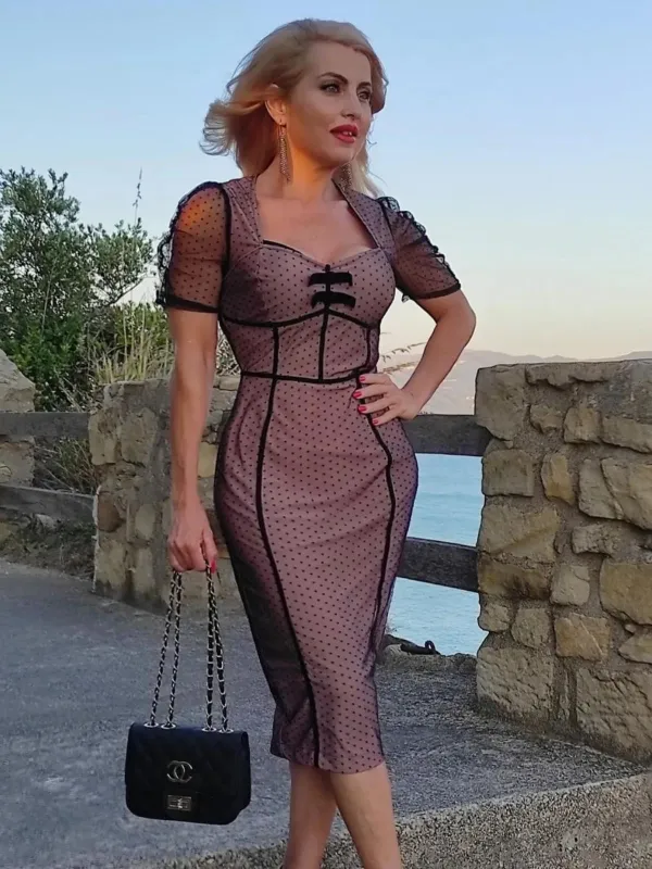 Pink 1960s Polka Dot Mesh Pencil Dress sold by Retro Stage