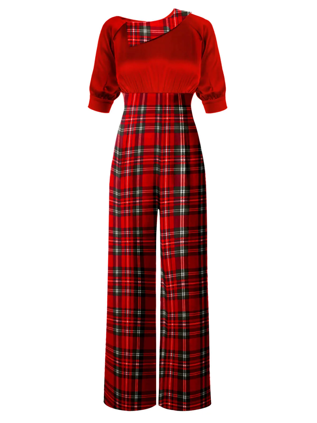 Red 1930s Christmas Plaid Short Sleeved Jumpsuit sold by Retro Stage