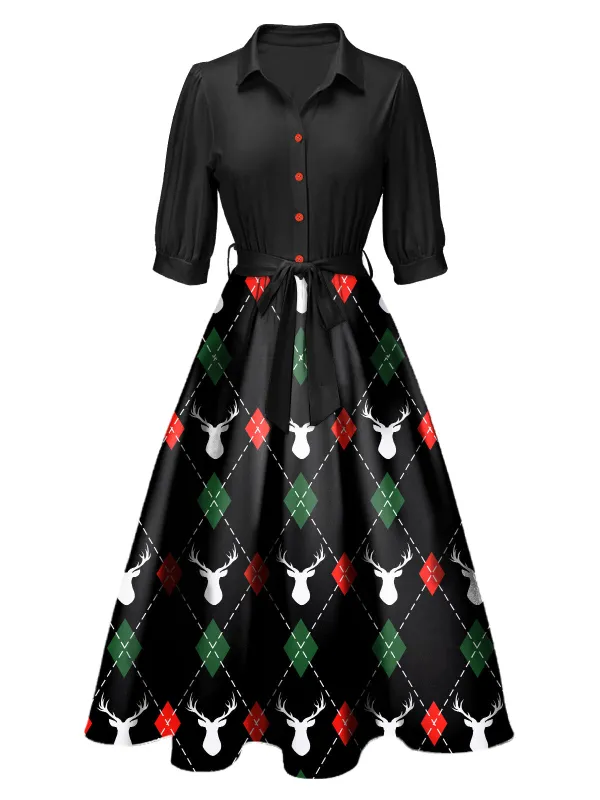 Black 1940s Christmas Print Lapel Belted Dress sold by Retro Stage