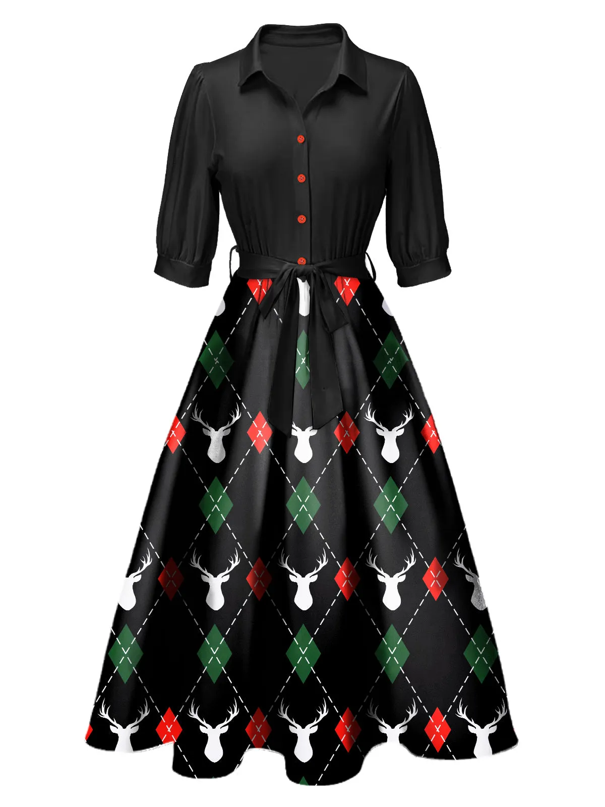 Black 1940s Christmas Print Lapel Belted Dress sold by Retro Stage