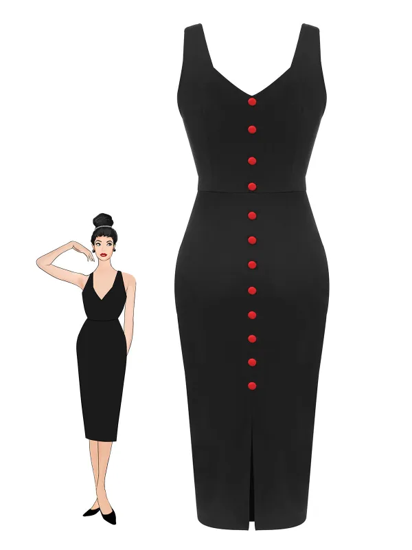 Black 1960s V-Neck Solid Bodycon Dress sold by Retro Stage