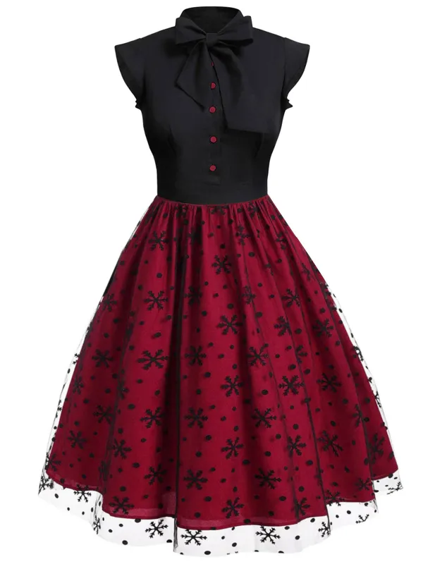 Red & Black 1950s Christmas Tie Bow Mesh Dress sold by Retro Stage