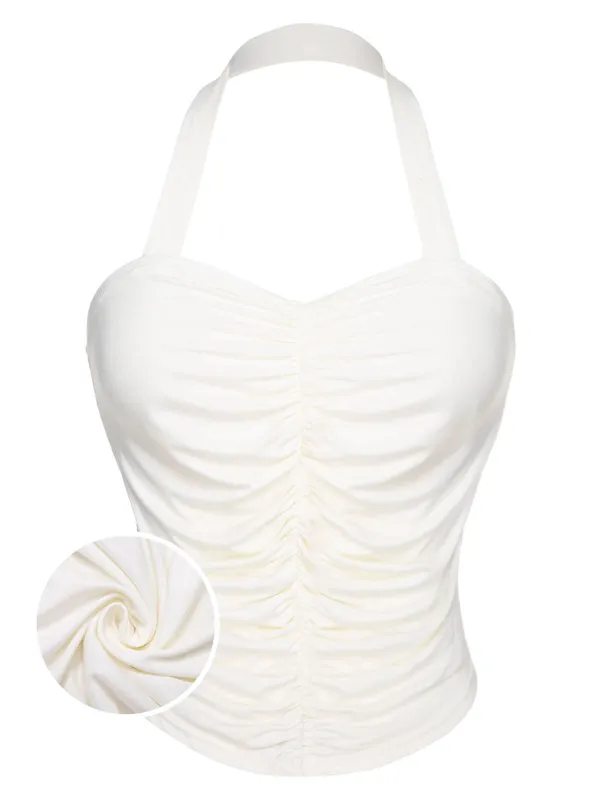 White 1950s Solid Pleated Halter Top sold by Retro Stage