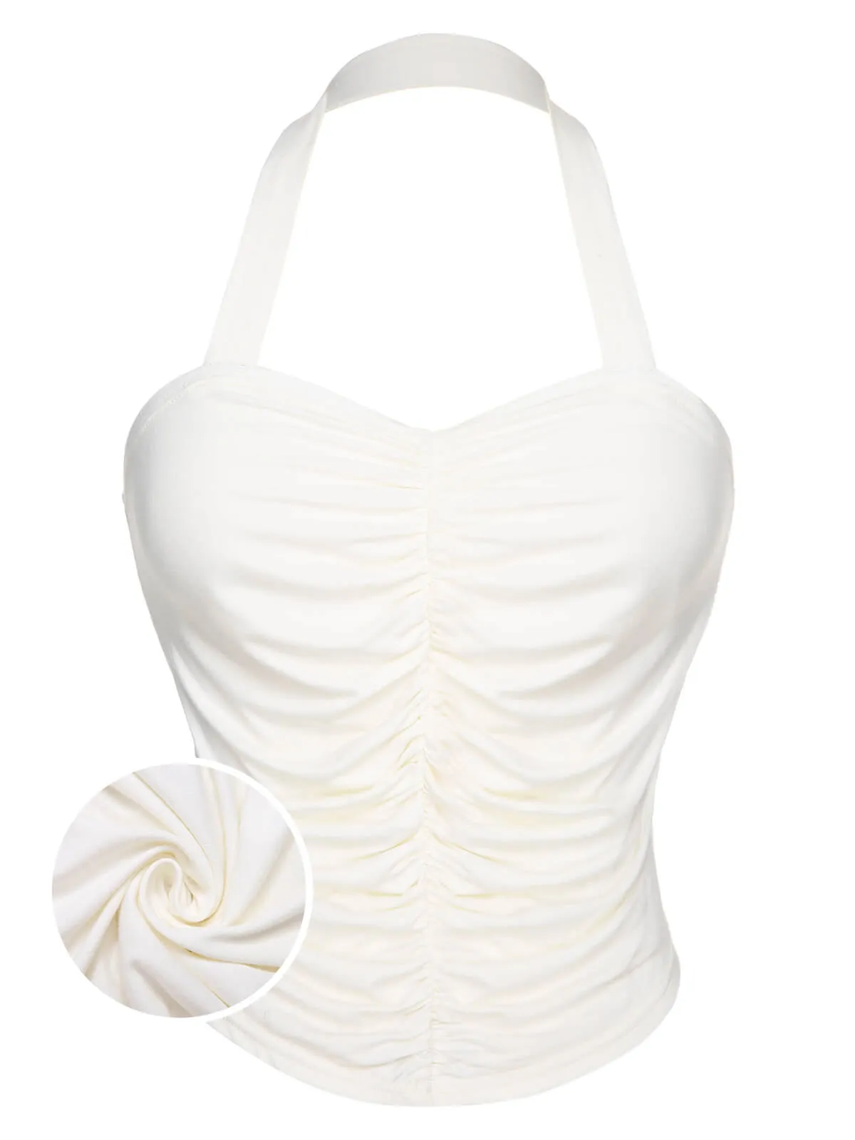 White 1950s Solid Pleated Halter Top sold by Retro Stage