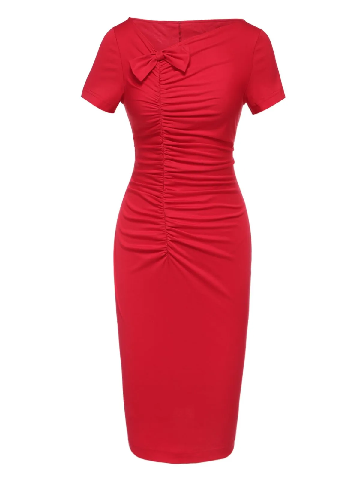 Red 1960s Shirring Bow Solid Wrap Dress sold by Retro Stage product image thumbnail 2
