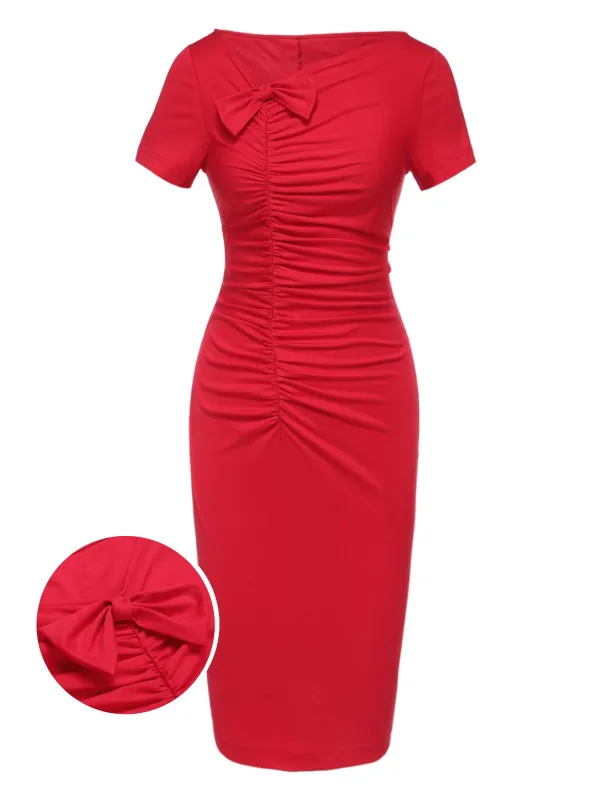 Red 1960s Shirring Bow Solid Wrap Dress sold by Retro Stage