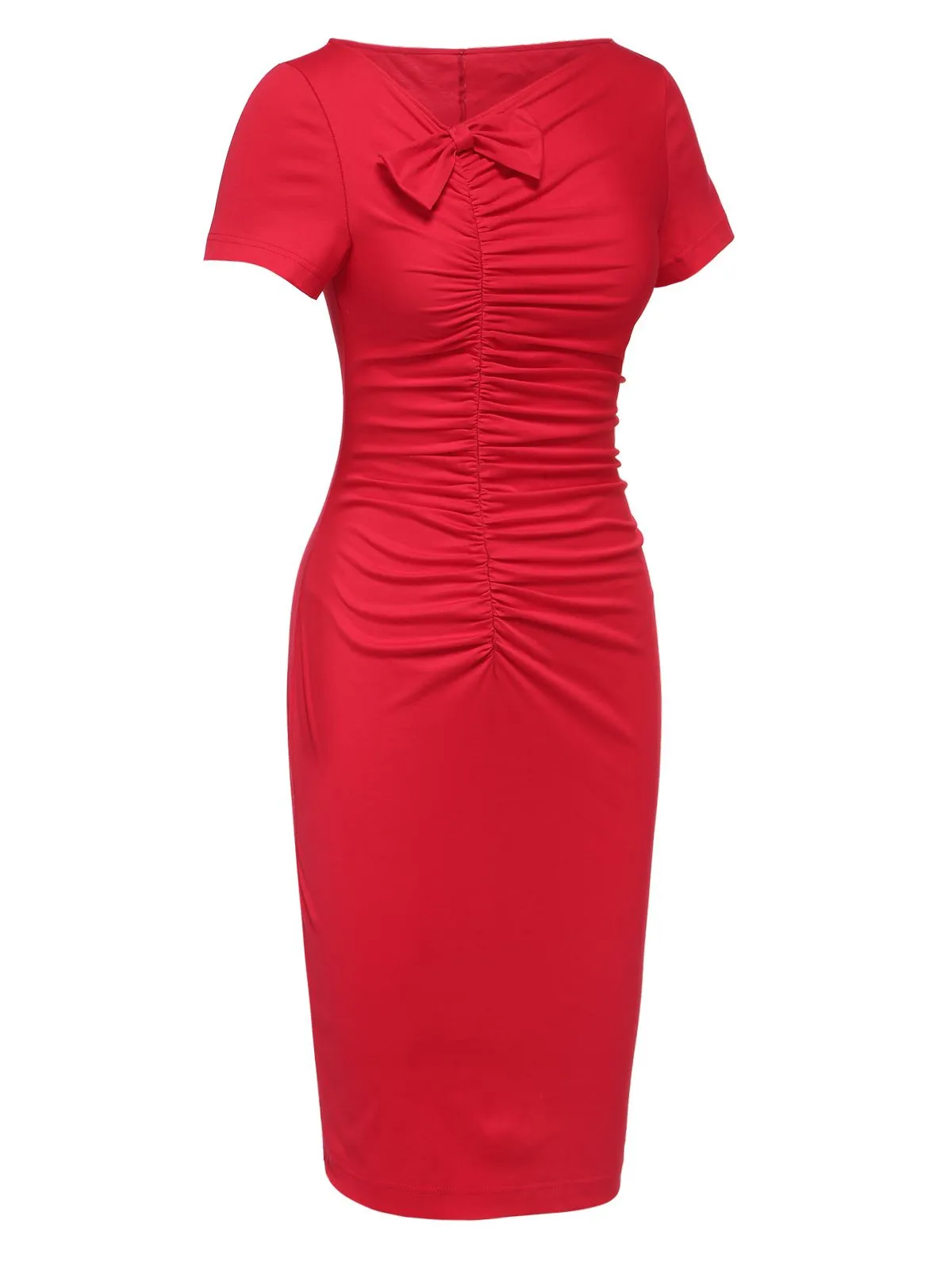 Red 1960s Shirring Bow Solid Wrap Dress sold by Retro Stage product image thumbnail 3