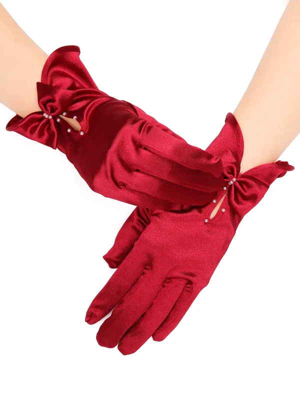 Deep Red Pearl Bow Satin Gloves sold by Retro Stage