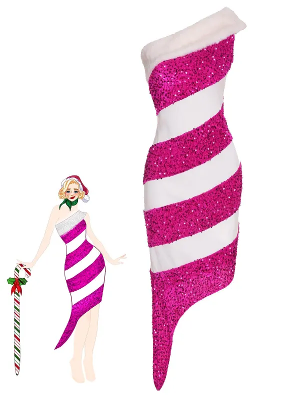 Pink 1960s Candy Cane One-Shoulder Dress sold by Retro Stage