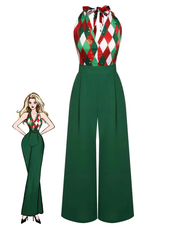 Green 1930s Christmas Plaid Lace Patchwork Jumpsuit sold by Retro Stage