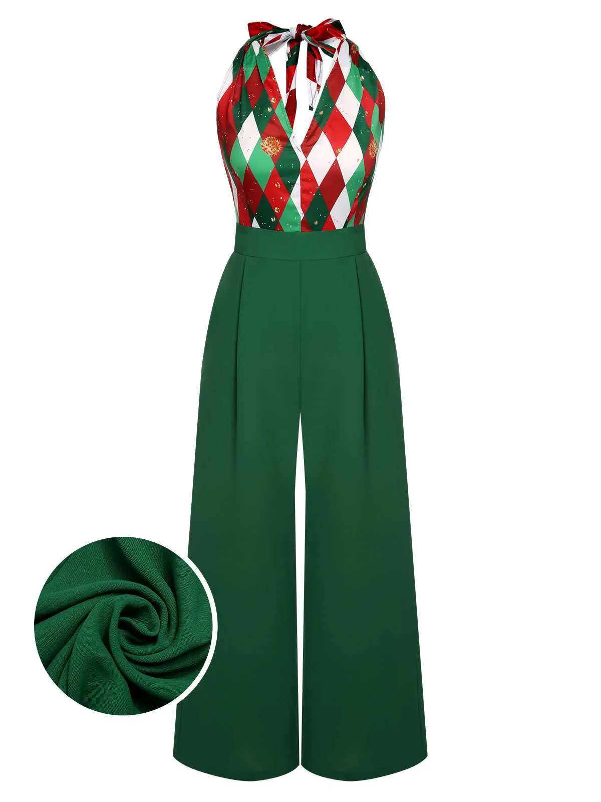 Green 1930s Christmas Plaid Lace Patchwork Jumpsuit sold by Retro Stage product image thumbnail 2