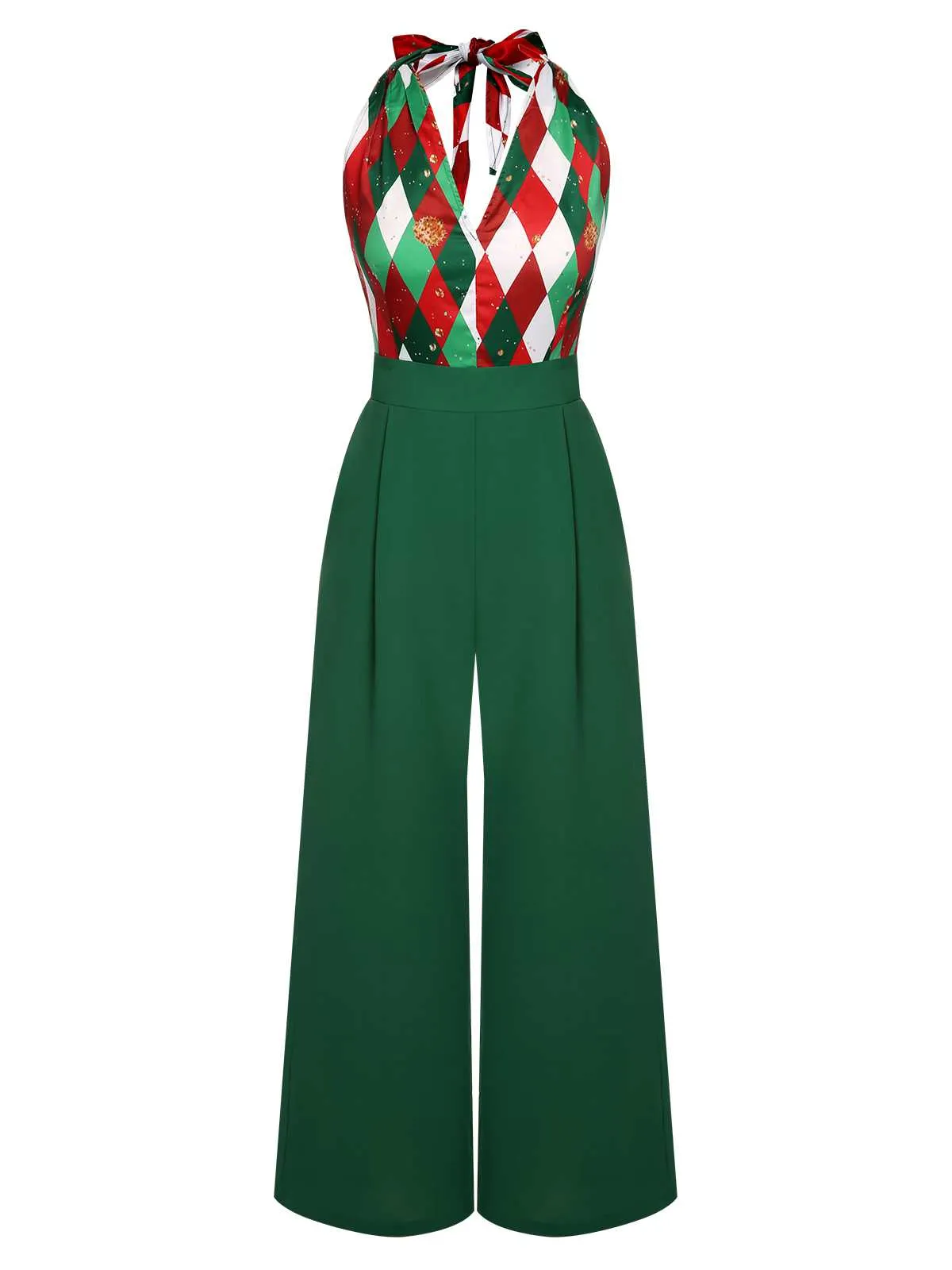 Green 1930s Christmas Plaid Lace Patchwork Jumpsuit sold by Retro Stage product image thumbnail 3
