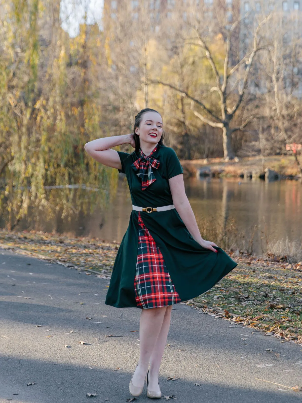 1950s Plaid Patchwork Bow Swing Dress sold by Retro Stage