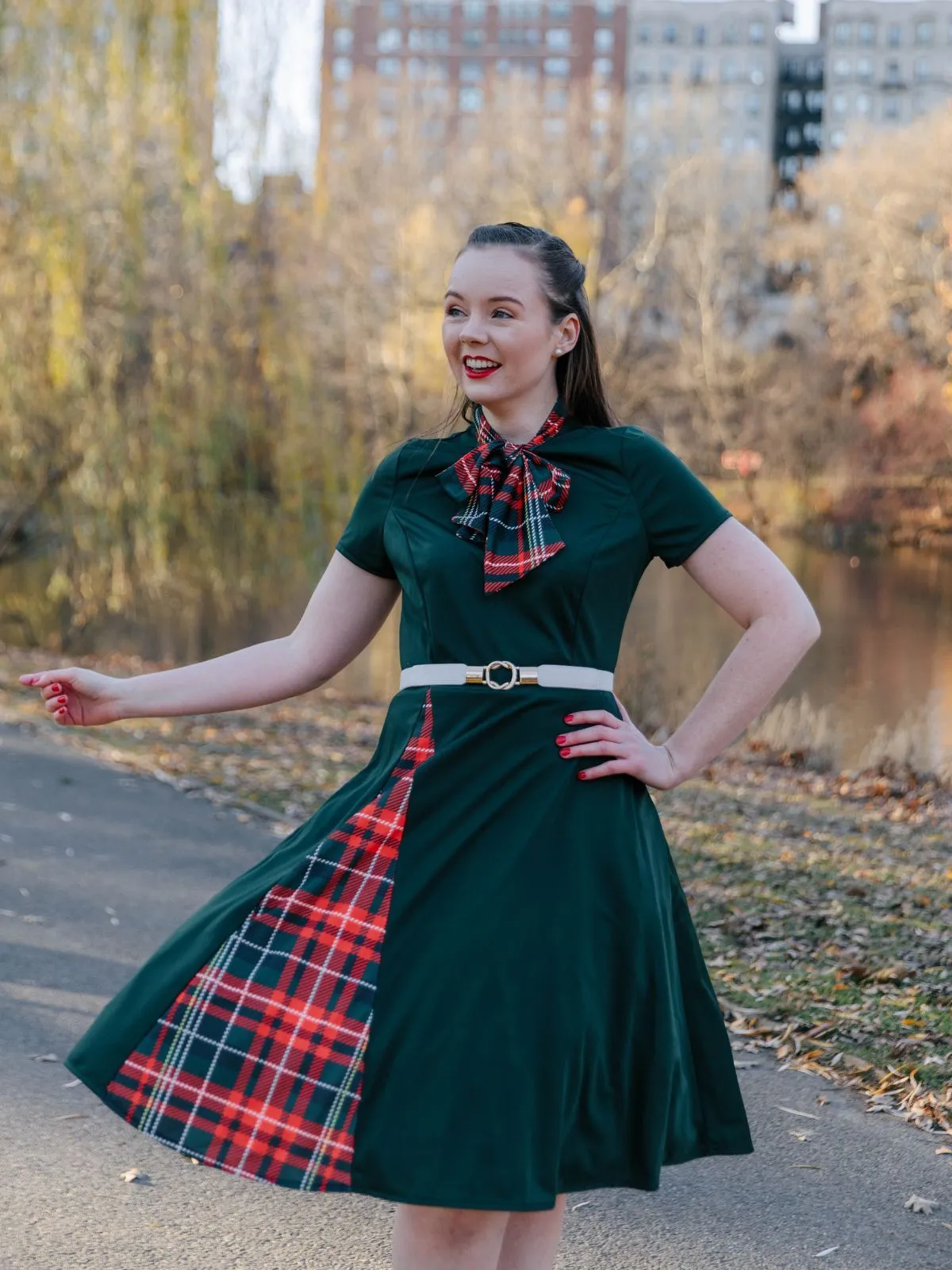1950s Plaid Patchwork Bow Swing Dress sold by Retro Stage product image thumbnail 2