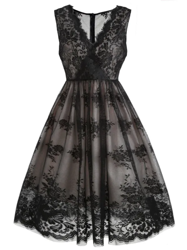 Black 1950s Lace Floral Swing Dress sold by Retro Stage