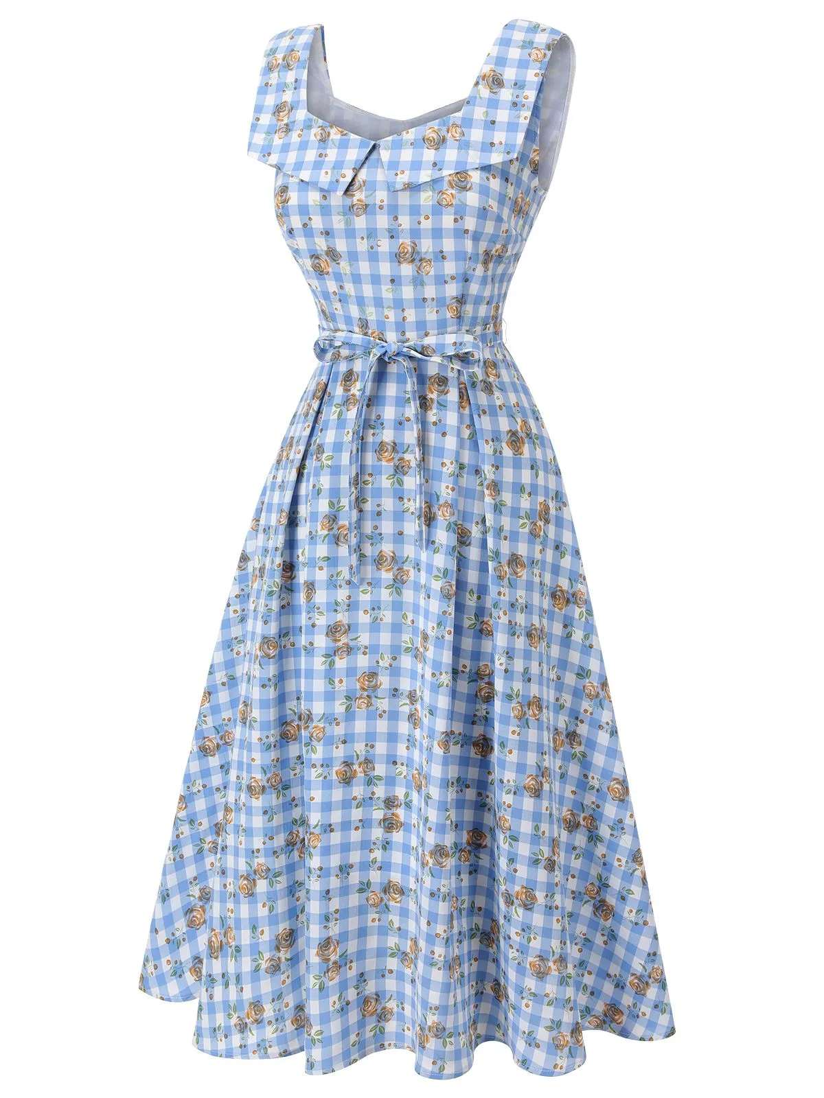 Blue 1940s Rose Gingham Lace Up Dress sold by Retro Stage product image thumbnail 4