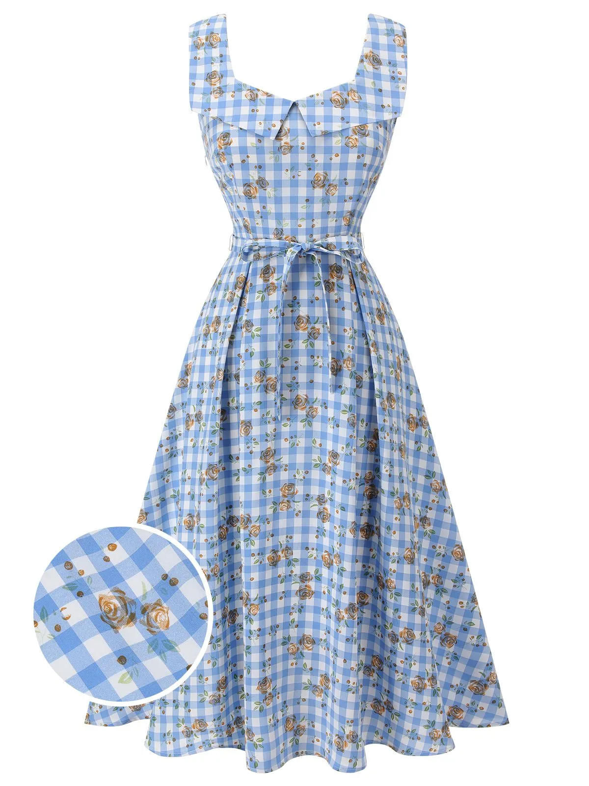 Blue 1940s Rose Gingham Lace Up Dress sold by Retro Stage product image thumbnail 2