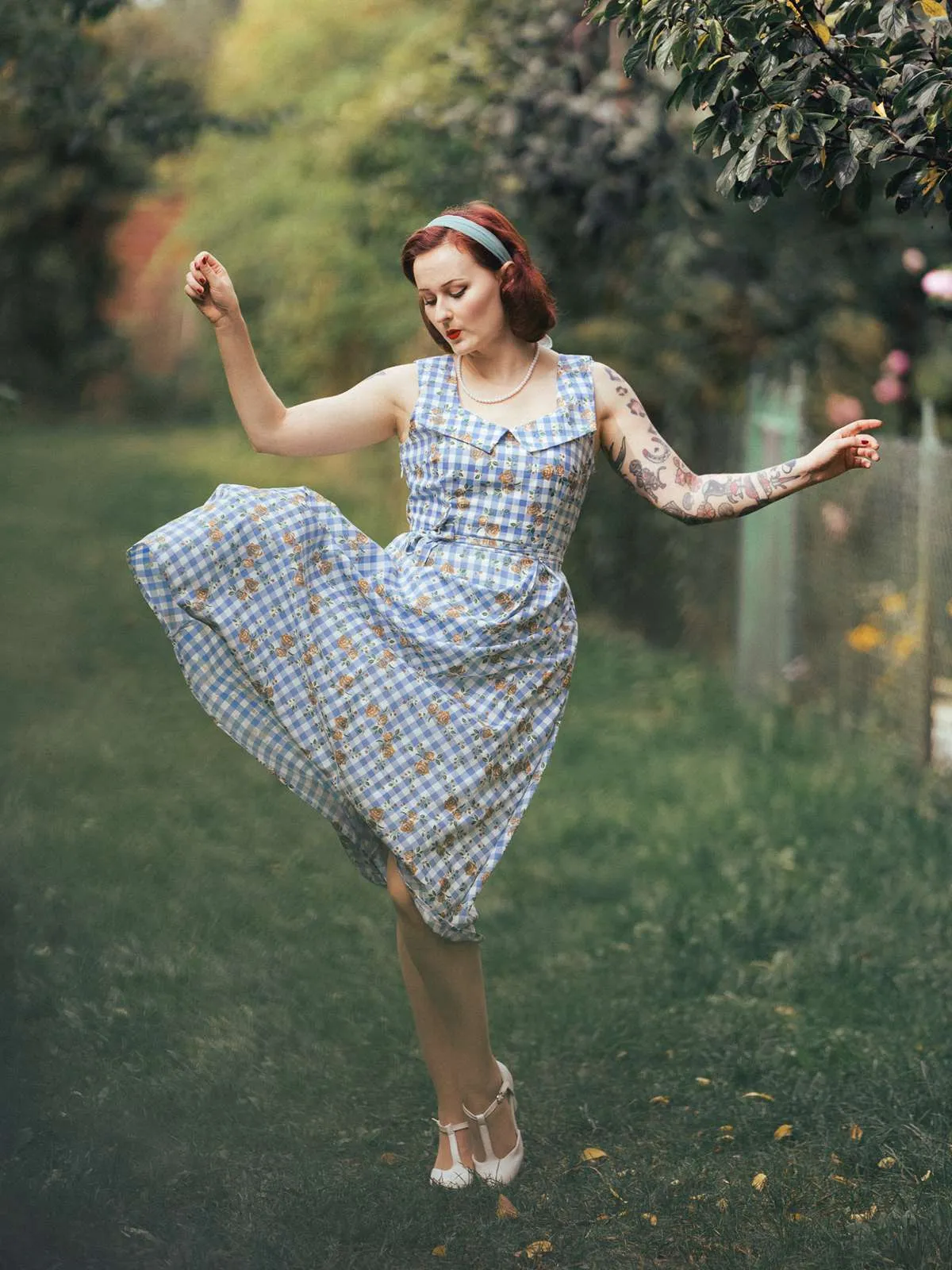 Blue 1940s Rose Gingham Lace Up Dress sold by Retro Stage