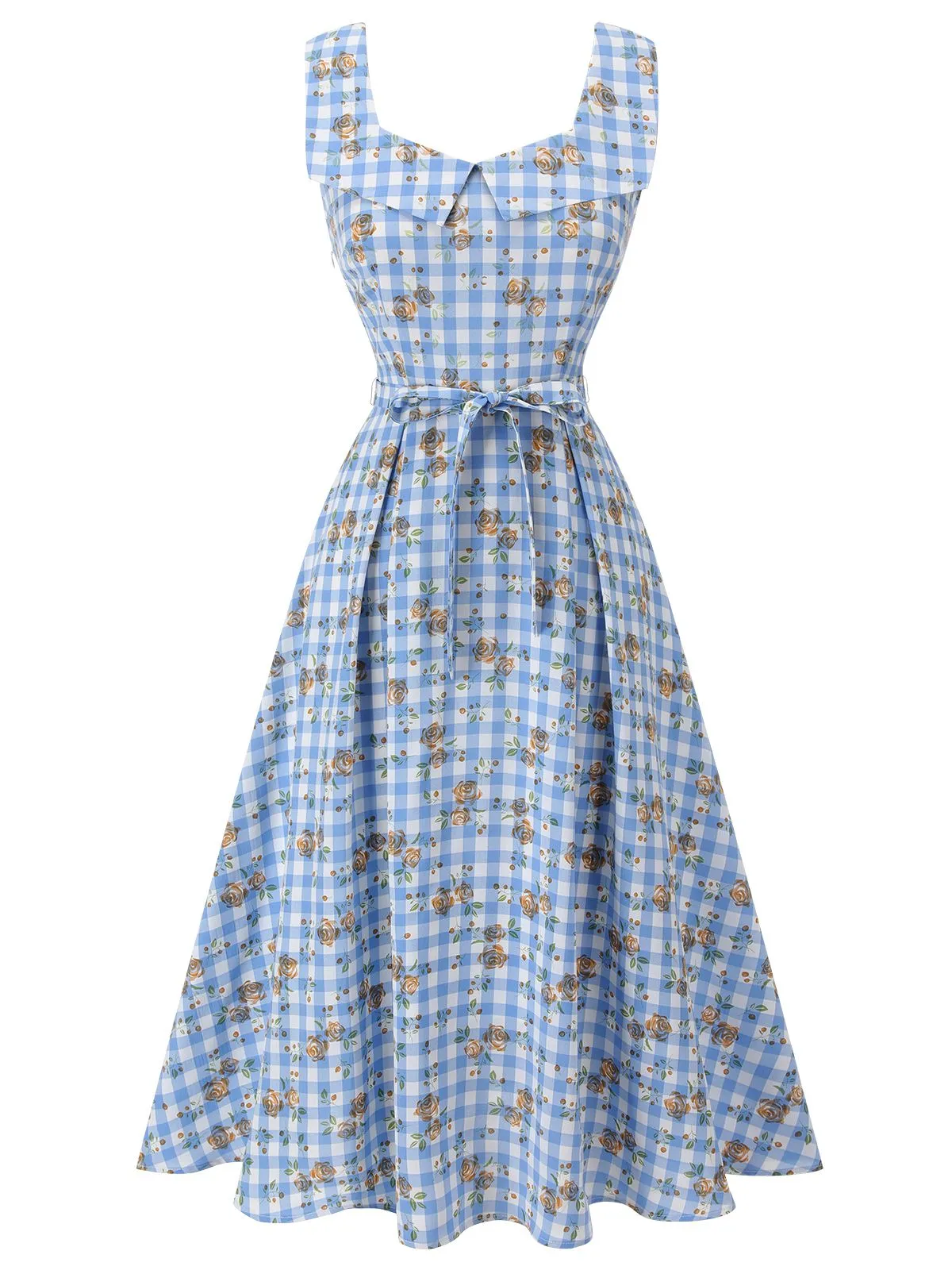 Blue 1940s Rose Gingham Lace Up Dress sold by Retro Stage product image thumbnail 3